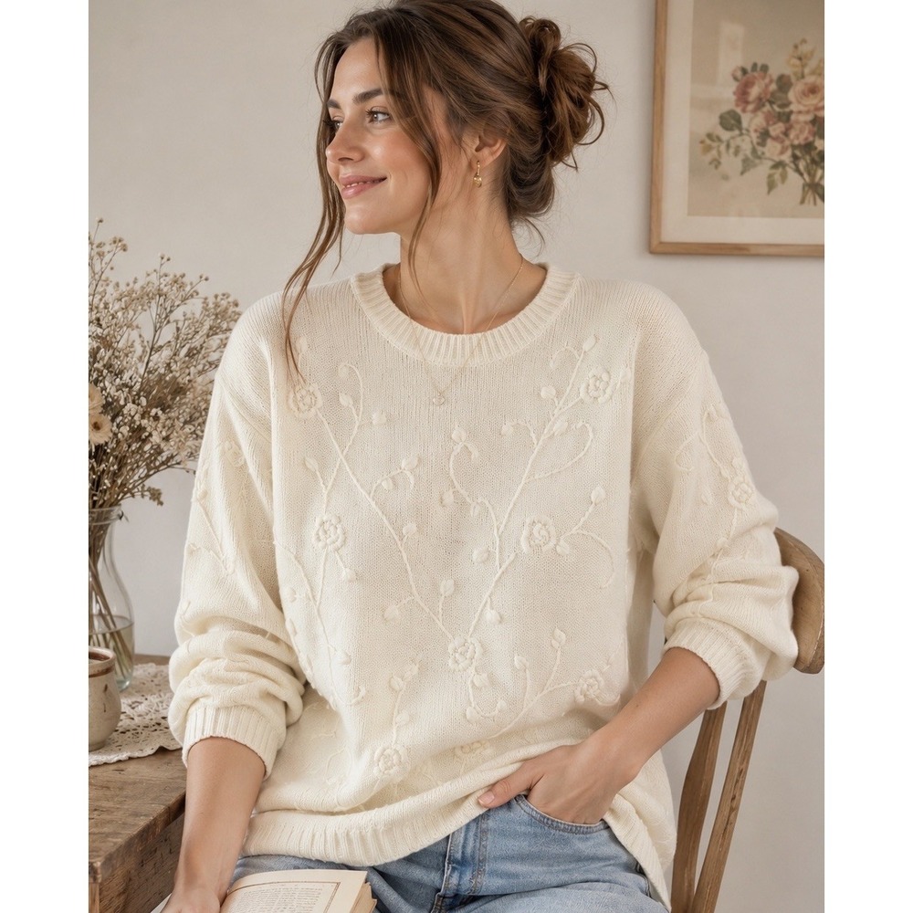 Vintage Concepts Sportswear Floral Embroidered Long Sweater Womens XL Ivory NWT